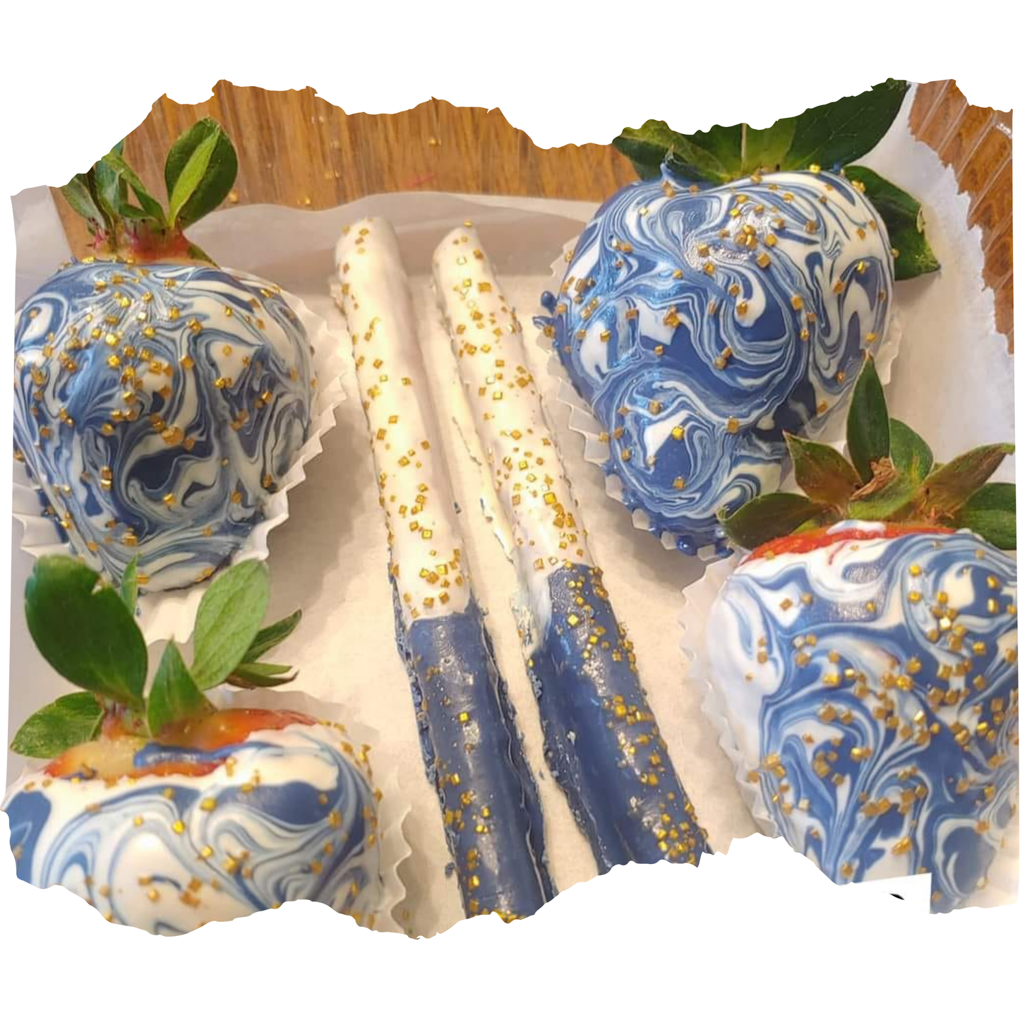 Gourmet Marble-Dipped Strawberries & Pretzel Rods – Elegant Blue & Gold Treats