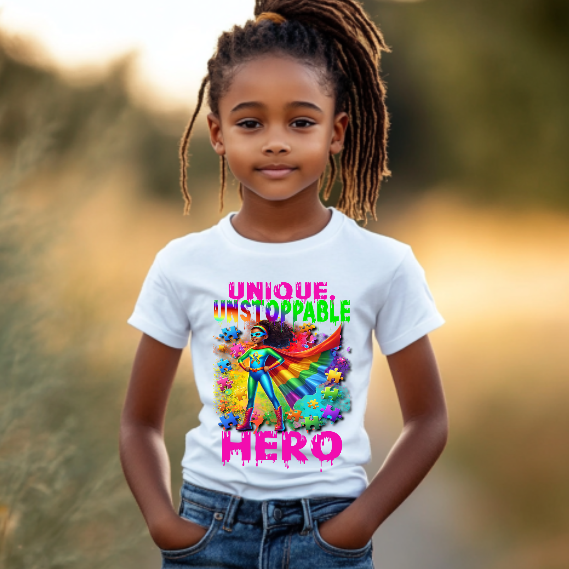 Girls' autism awareness t-shirt featuring 'Unique Unstoppable Hero' with a bold superhero design, rainbow cape, and puzzle pieces.