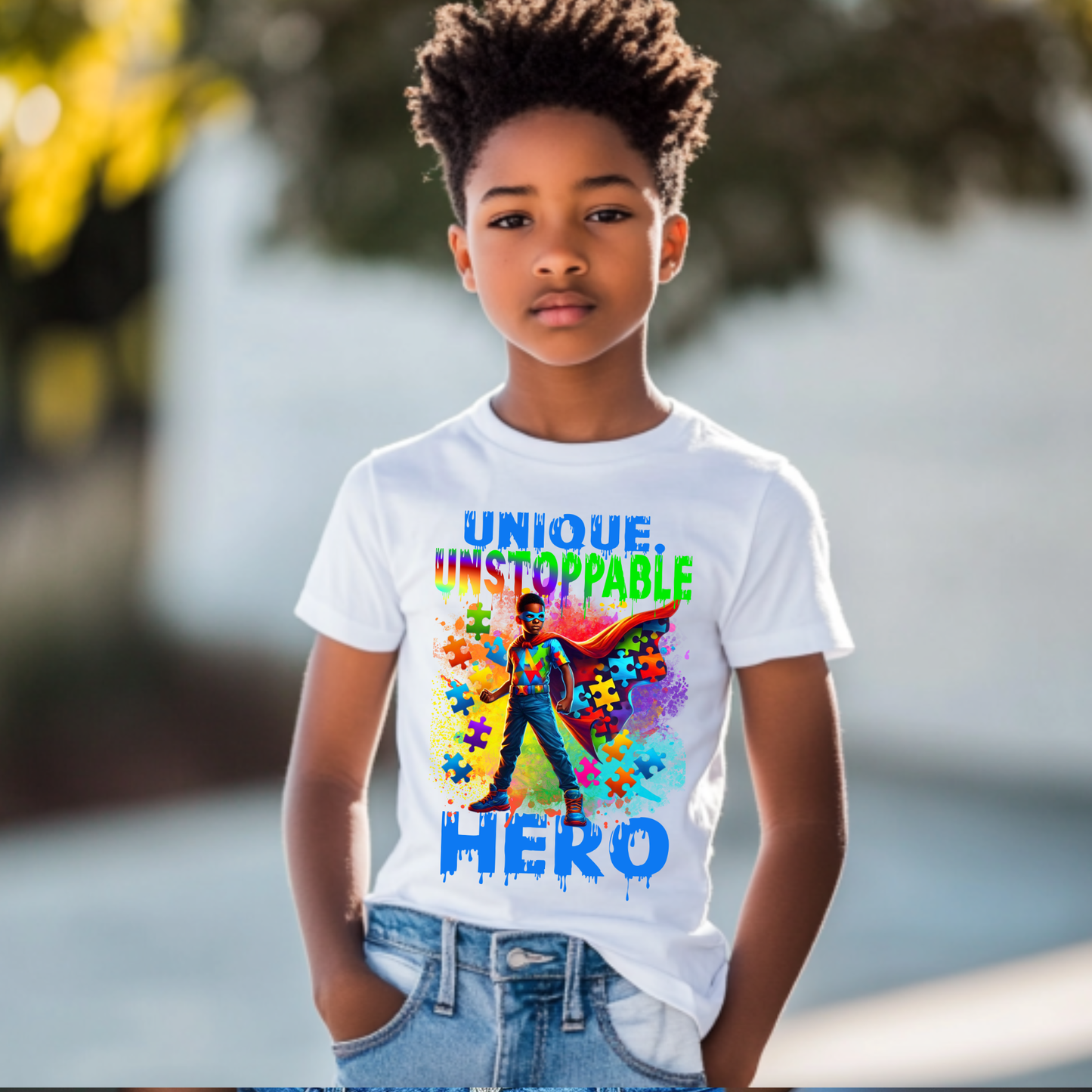 Kids' autism awareness t-shirt featuring 'Unique Unstoppable Hero' text, puzzle pieces, and vibrant superhero design. Perfect for empowering children.