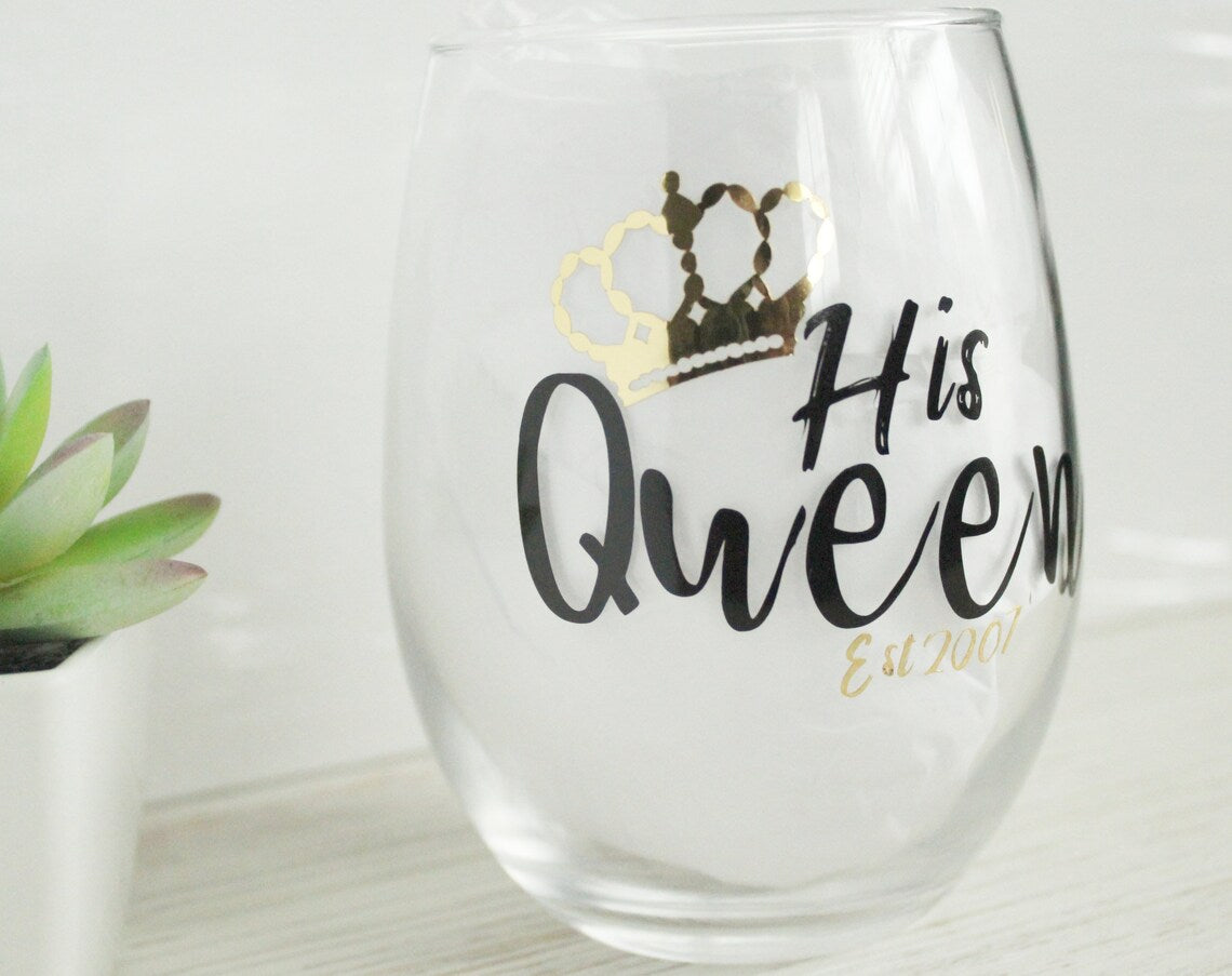 His Queen and Her King Stemless Wine Glass Set